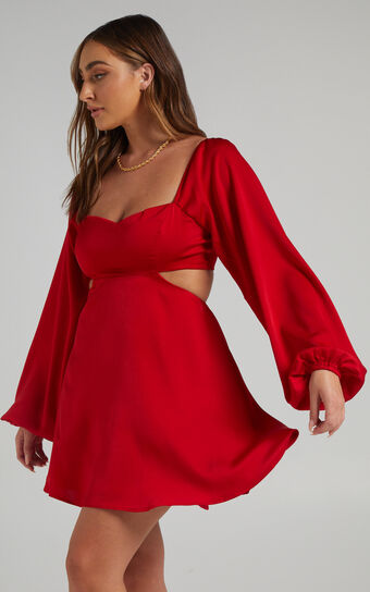 Dolci Mini Dress - Cut Out Long Sleeve Dress in Red