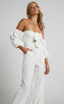 Maja Jumpsuit - Front Tie Off Shoulder Jumpsuit in Off White