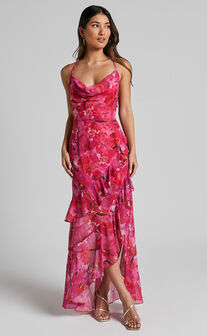 Isobella Midi Dress - Cowl Neck Cross Tie Back Asymmetrical Frill Detail in Pink