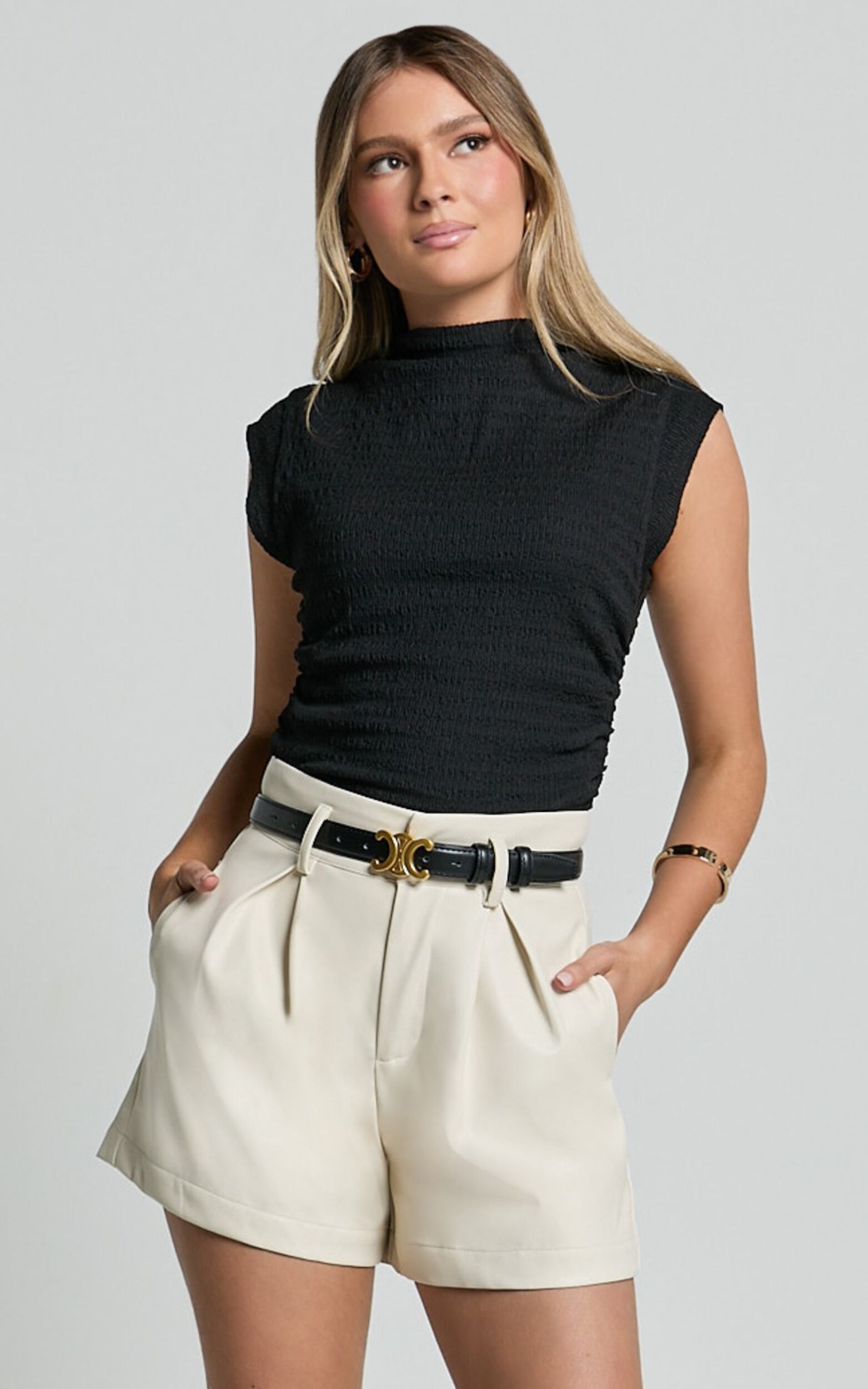 Nami Shorts High Waisted Pleated Tailored PU Shorts in Bone Showpo USA