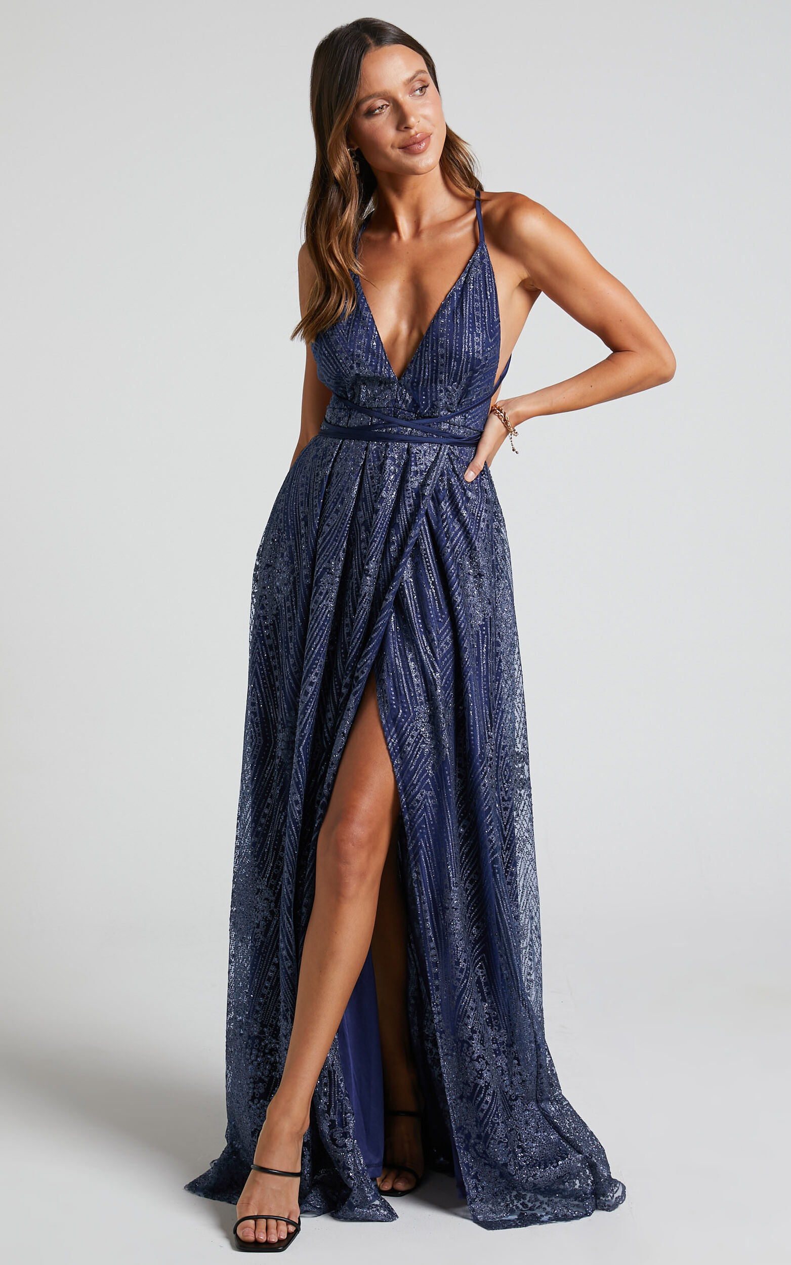 NEW YORK NIGHTS MAXI DRESS - SEQUIN PLUNGE CROSS BACK DRESS in Navy - 04, NVY1