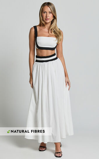 Sapphire Two Piece Set - Contrast Band Crop Top and A Line Maxi Skirt in White & Black