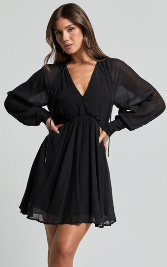 Xandria Mini Dress - Blouson Sleeve Cut Out Dress in Black