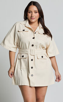 Elena Mini Dress - Wide Sleeve Utility Dress in Natural