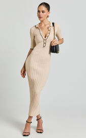 Lada Midi Dress - Short Sleeve Button Front Knit Dress in Cream/Black ...