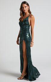 Out Till Dawn Maxi Dress - Thigh Split Dress in Emerald Sequin | Showpo