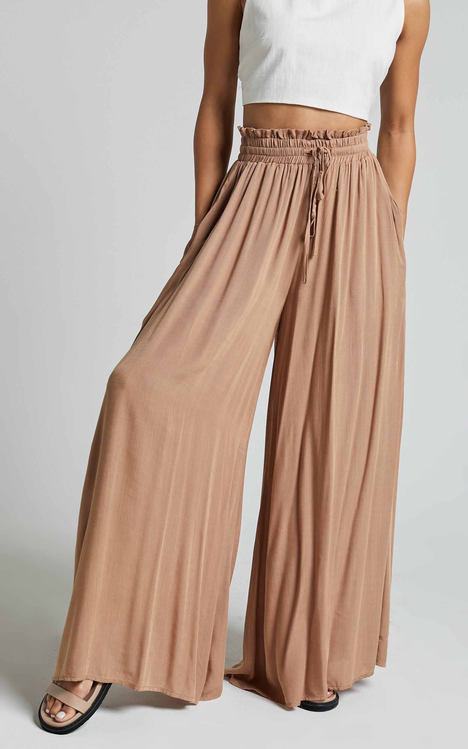 Hany Pants High Waist Drawstring Wide Leg Pants in Latte Showpo