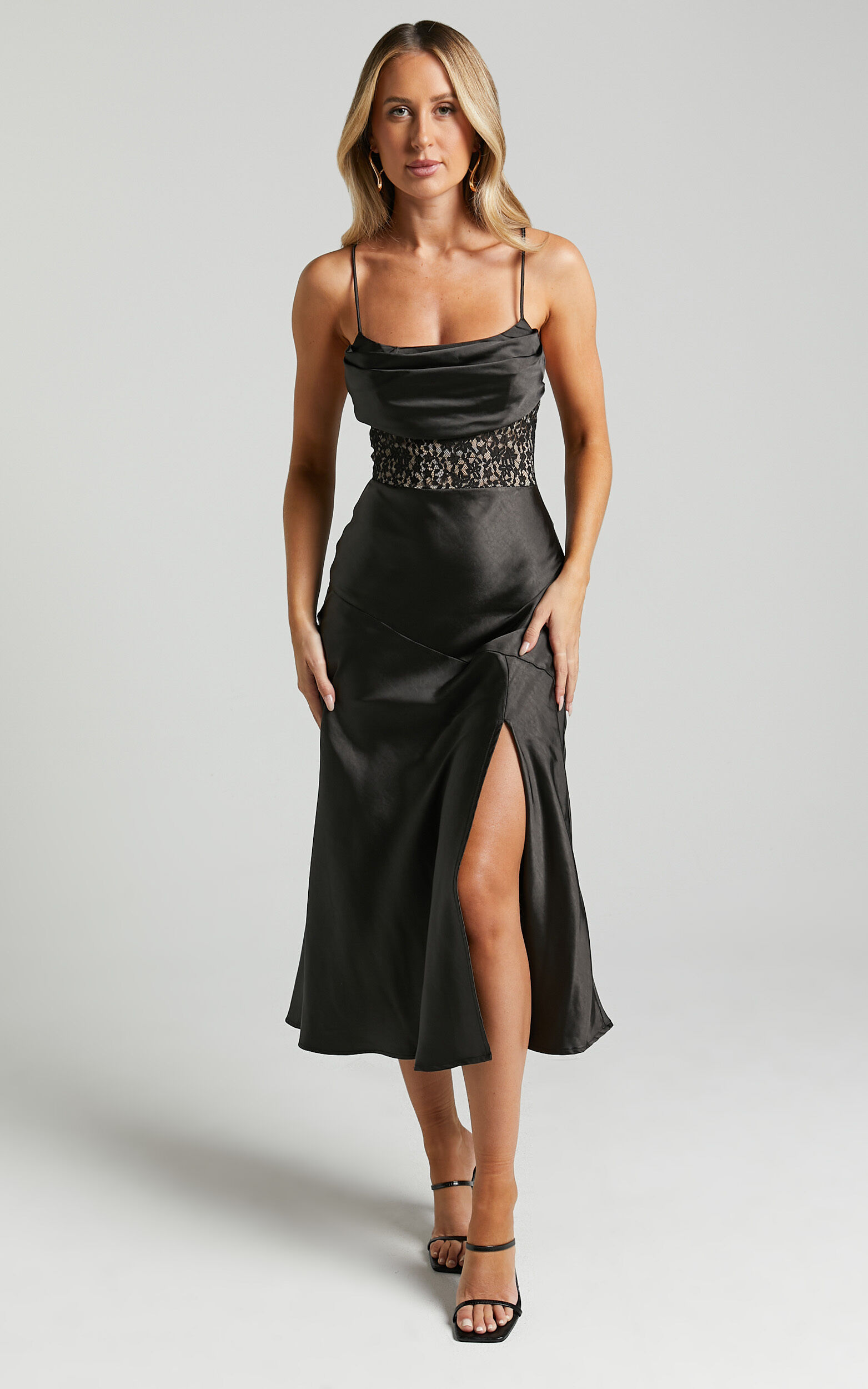Black cowl outlet neck satin dress