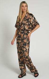 Laila Pants - High Waisted Wide Leg Pants in Black Floral