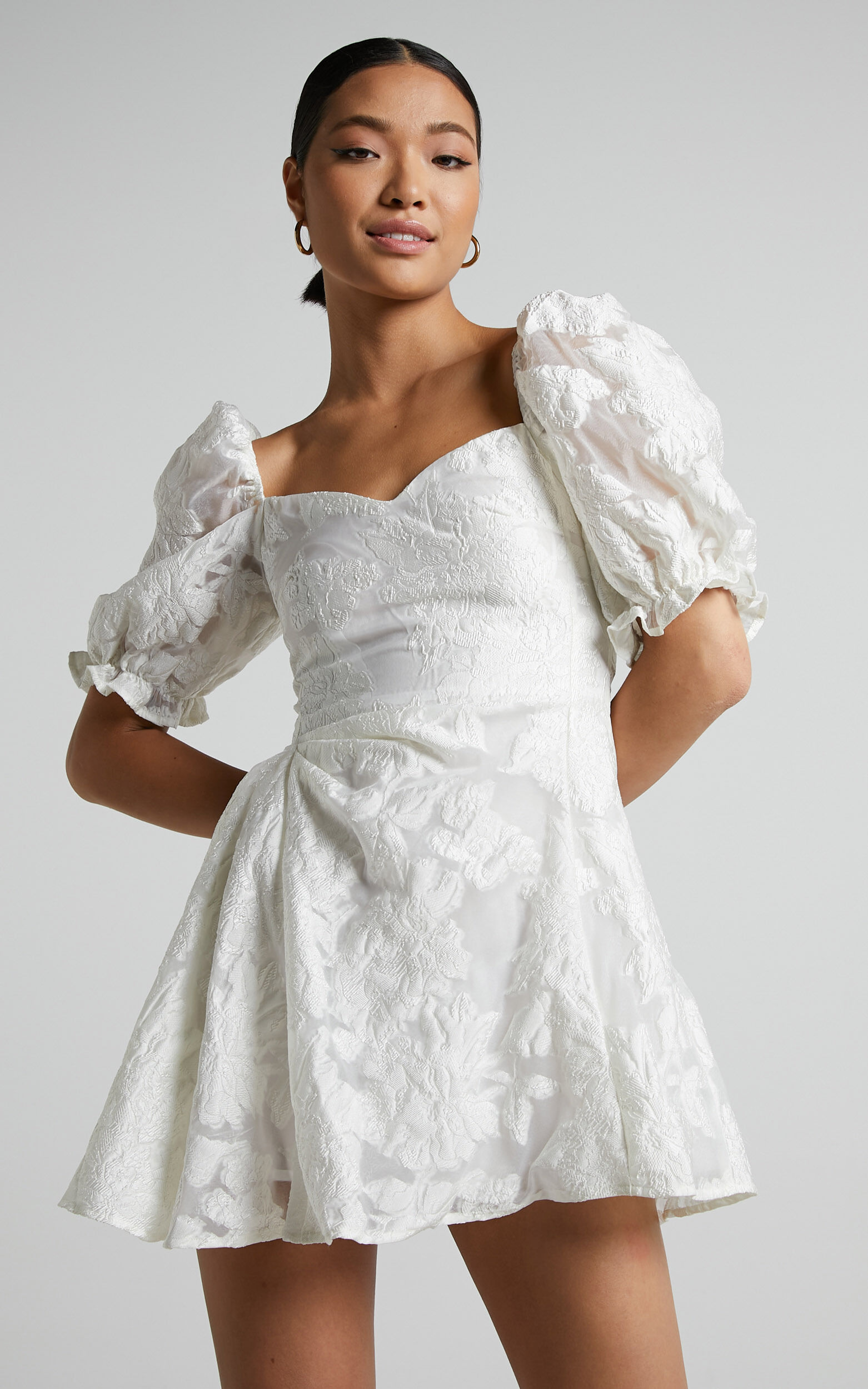 Brailey Mini Dress Puff Sleeve Fit and Flare Dress in White Showpo