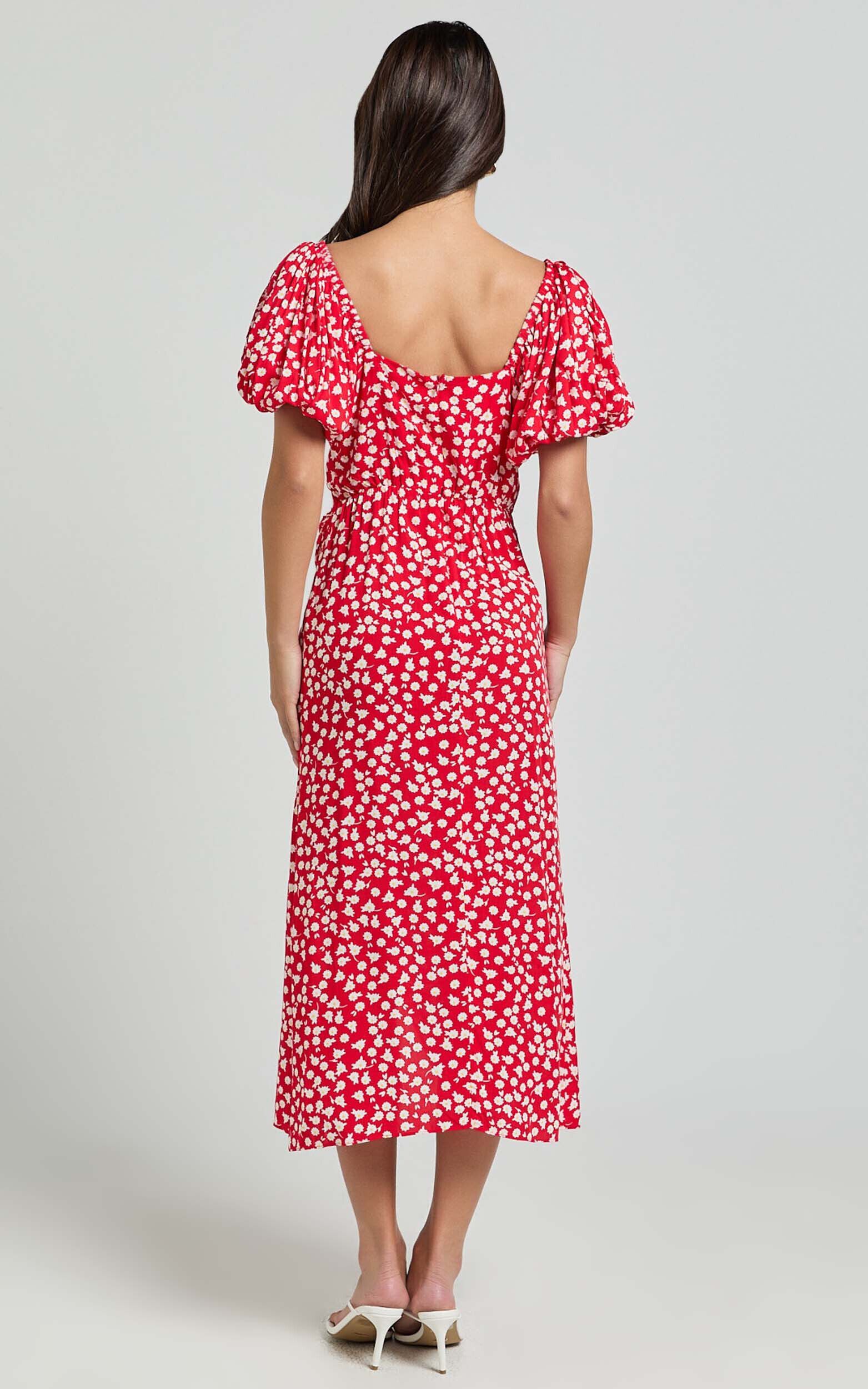 Red floral midi wrap dress on sale