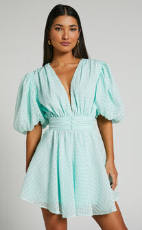 Xandy Mini Dress - Textured Puff Sleeve Plunge Dress in Mint