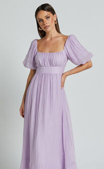 Roshina Midi Dress - Straight Neck Puff Sleeve Dress in Lavender