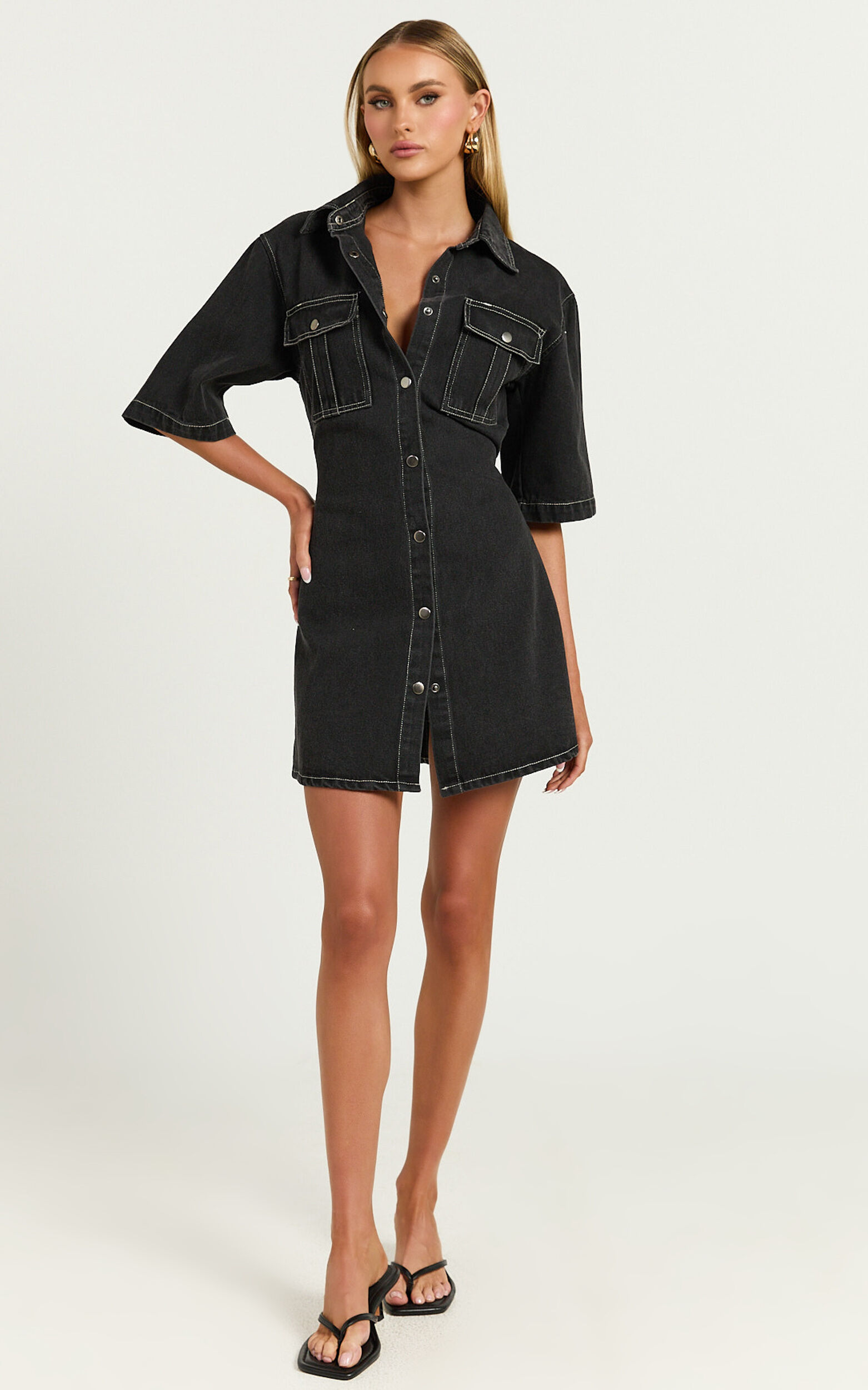 Button up black denim dress clearance