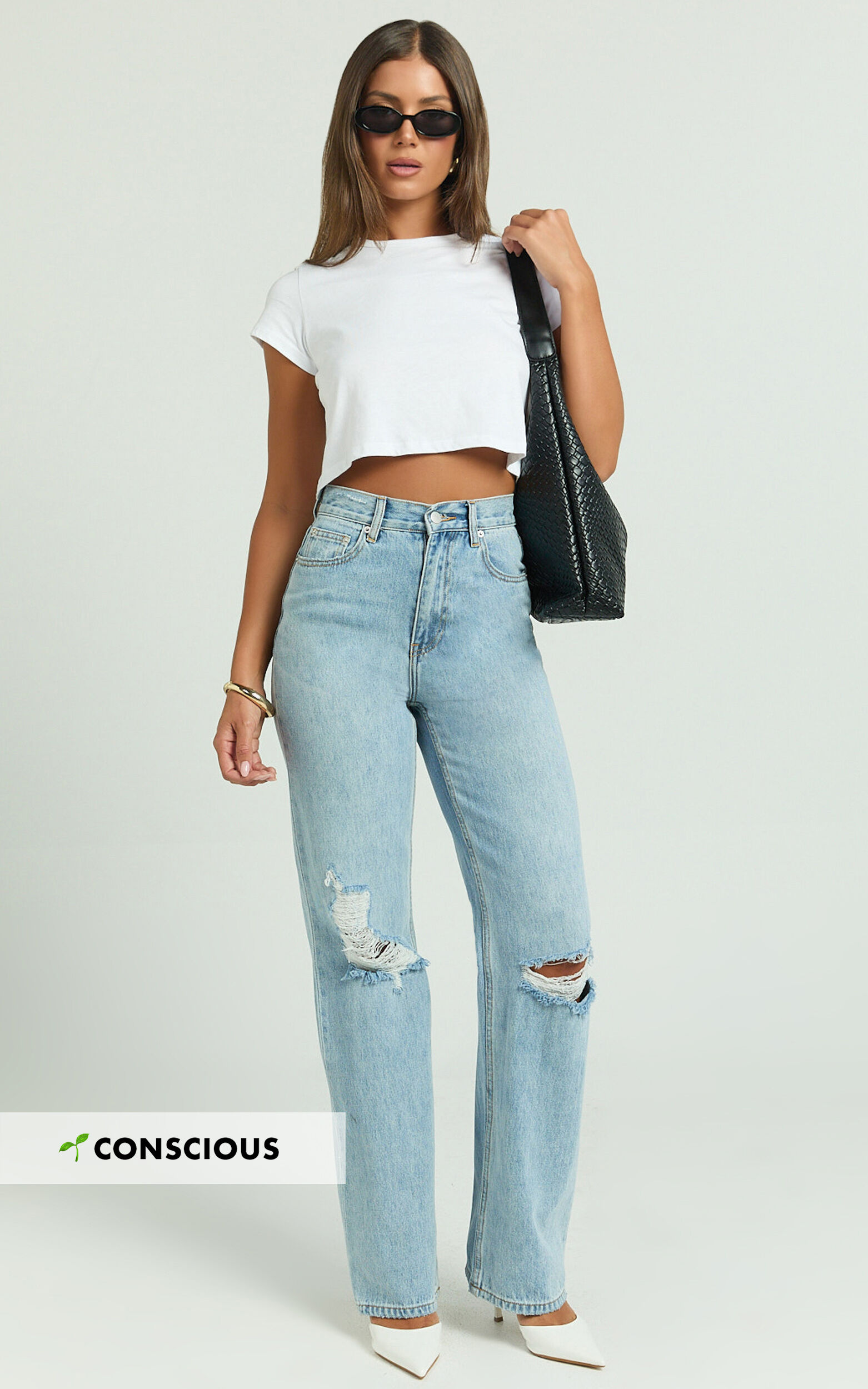 デニム・ジーパン Mother Distressed Straight Leg Jeans In Blue Denim Judy Blue Distressed High-Rise Retro 90s Mom Jeans Torn