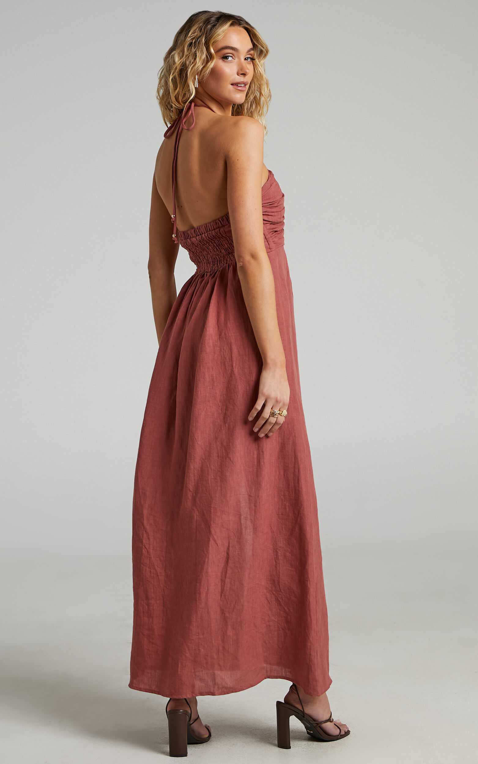 Amalie The Label Zuri Linen Gathered Bodice Halter Maxi Dress in Burnt Rose