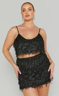 Khrizza Top - Sequin Diamond Mesh Cropped Cami Top in Black