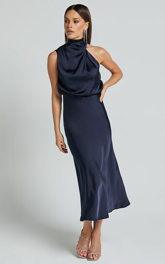 Minnie Midi Dress - Drape Neck Satin Slip Dress in Midnight Blue