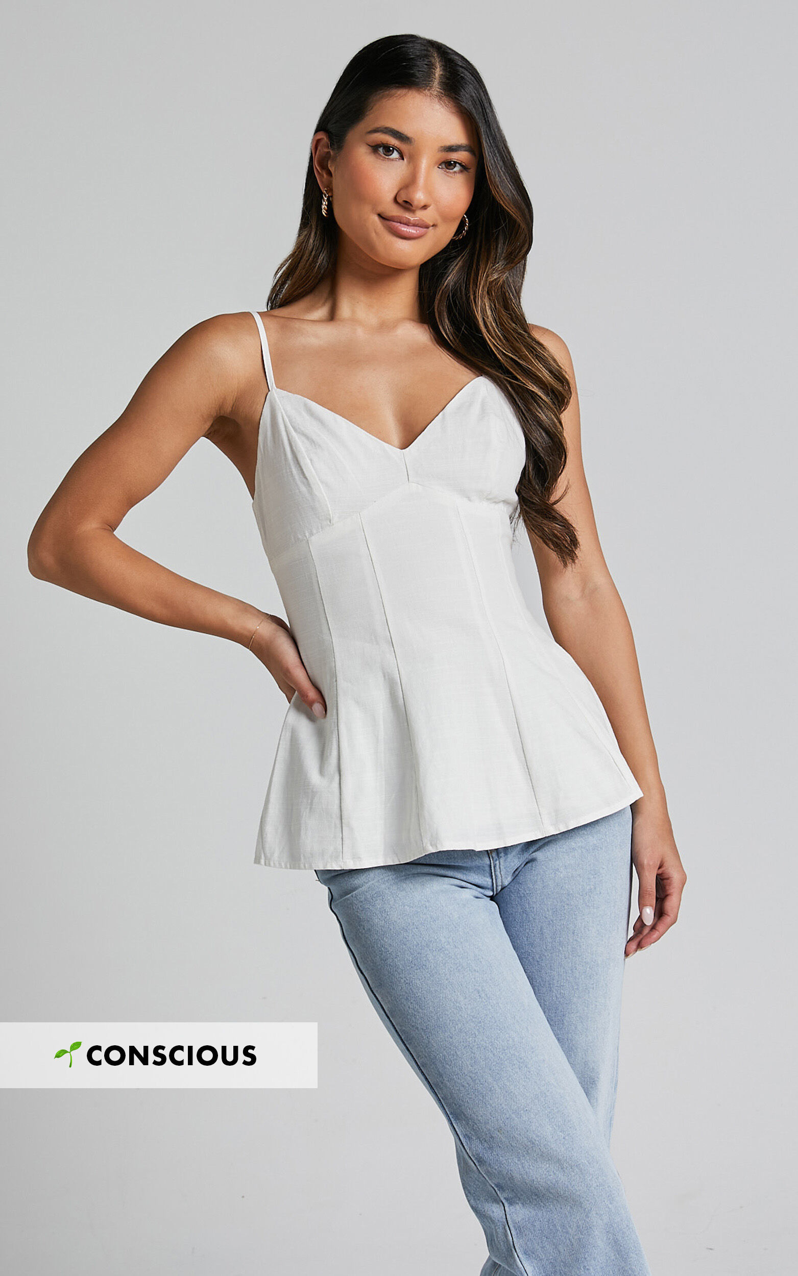 Louella Top - Strappy Panel Seam Peplum Cami in White