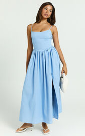 Morris Midi Dress - Linen Look Scoop Neck Gathered Dress in Blue ...