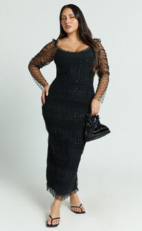 Evelyn Midi Dress - Long Sleeve Shirred Tulle Dress in Black Polka