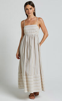 Katheryn Midi Dress - Strappy Straight Neck A Line Gathered Dress in Beige and Natural Stripe