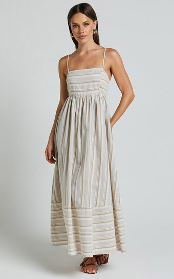 Katheryn Midi Dress Strappy Straight Neck A Line Gathered in Beige and