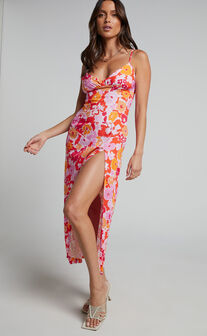 Nikoletta Midi Dress - Linen Look Bias Cut Split Front Dress in Flower Power