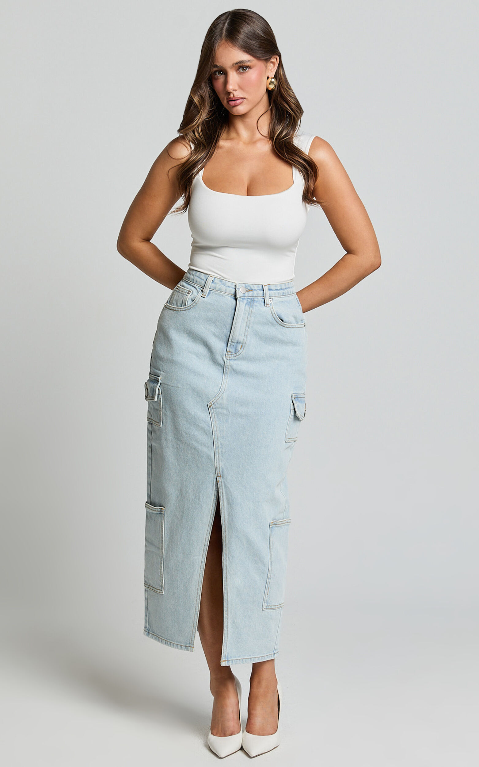 Utility denim midi skirt hot sale