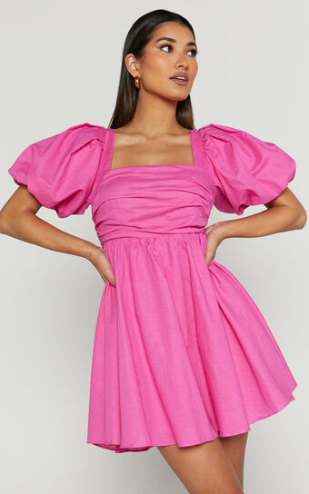 Clara Mini Dress – Square Neck Short Puff Sleeve in Pink No Brand