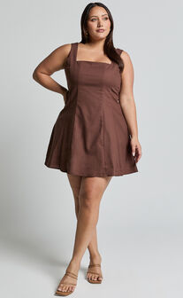 Adiana Mini Dress - Linen Look Square Neck Shirred Back A Line Dress in Chocolate