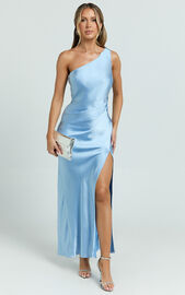 Isla Maxi Dress - Satin One Shoulder Side Split Dress in Blue | Showpo