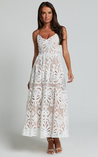 Priscilla Midi Dress - Strappy A Line Lace Dress in White