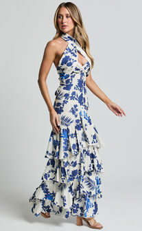Talia Maxi Dress - Halter Neck Layered Dress in Blue and White Print
