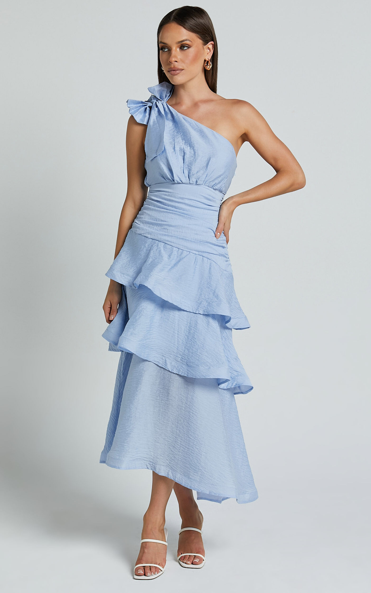 Eugenia Midi Dress - One Shoulder Fit and Flare Layered Dress in Pale Blue - 06, BLU2
