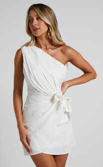 Harper Mini Dress - Linen Look One Shoulder Gathered Wrap Waist Dress in White