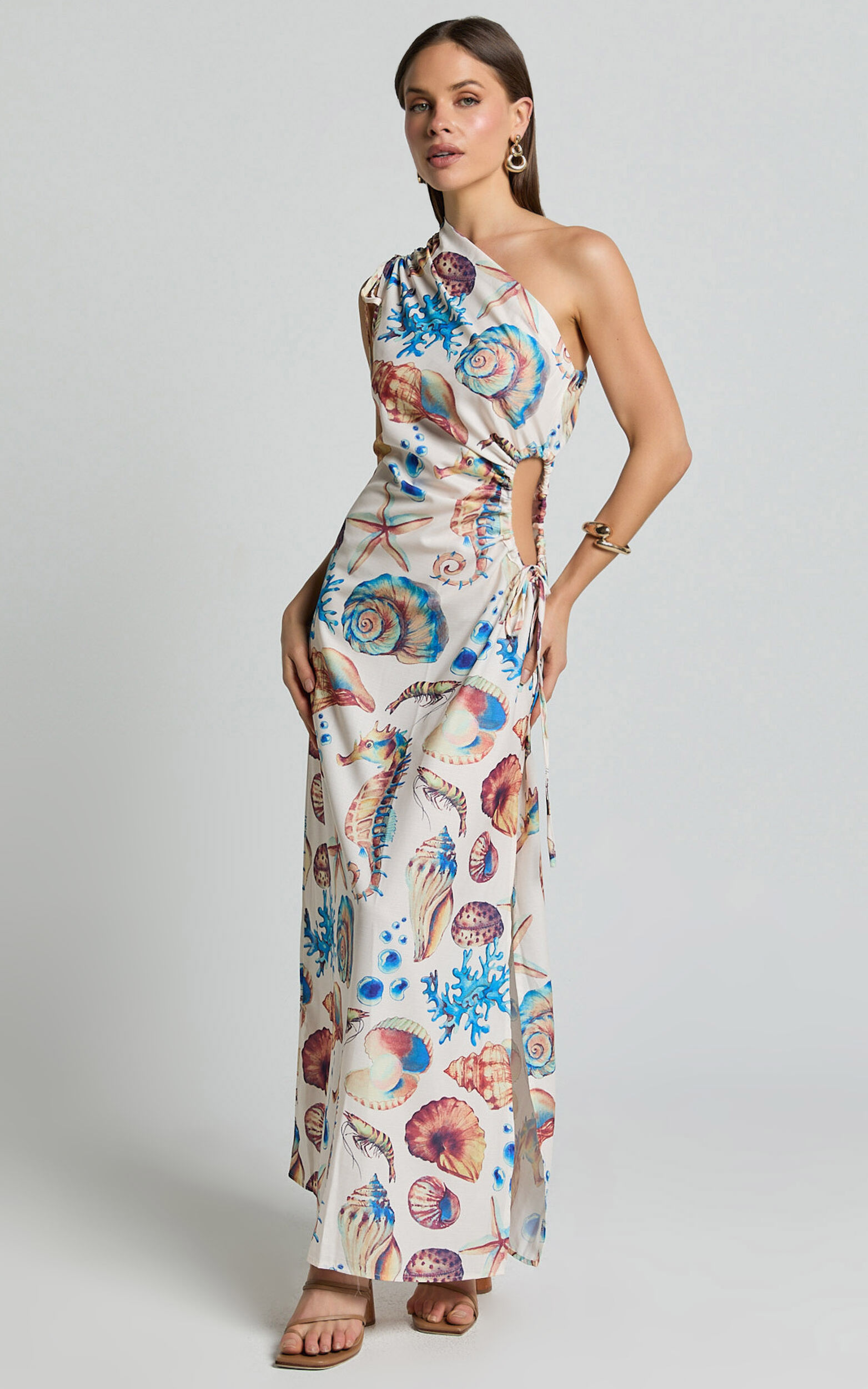 Gemma Midi Dress - One Shoulder Side Cut Out Side Slit Dress in Holiday Print - L, BLU1