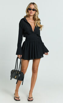 Valerie Mini Dress - Collared Long Sleeve Corset Waist Shirt Dress in Black