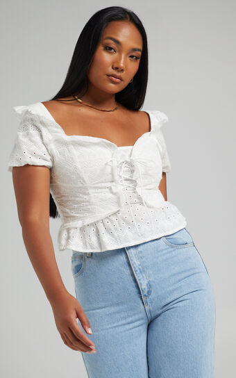 Kailee Tie Front Short Sleeve Broderie Top in White