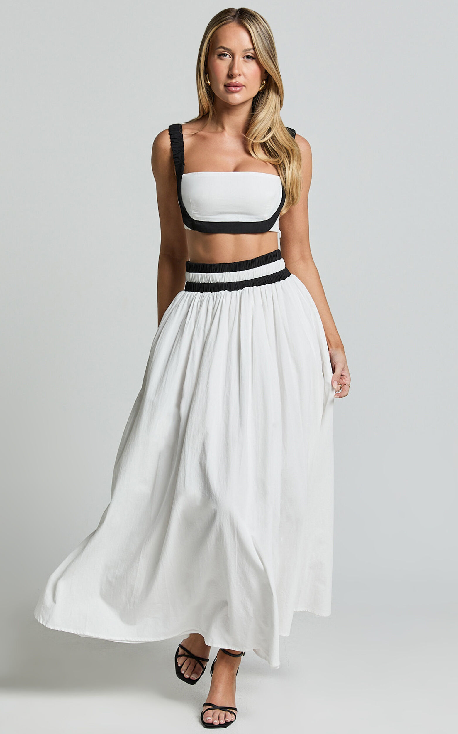 Sapphire Two Piece Set Contrast Band Crop Top and A Line Maxi Skirt in White Black