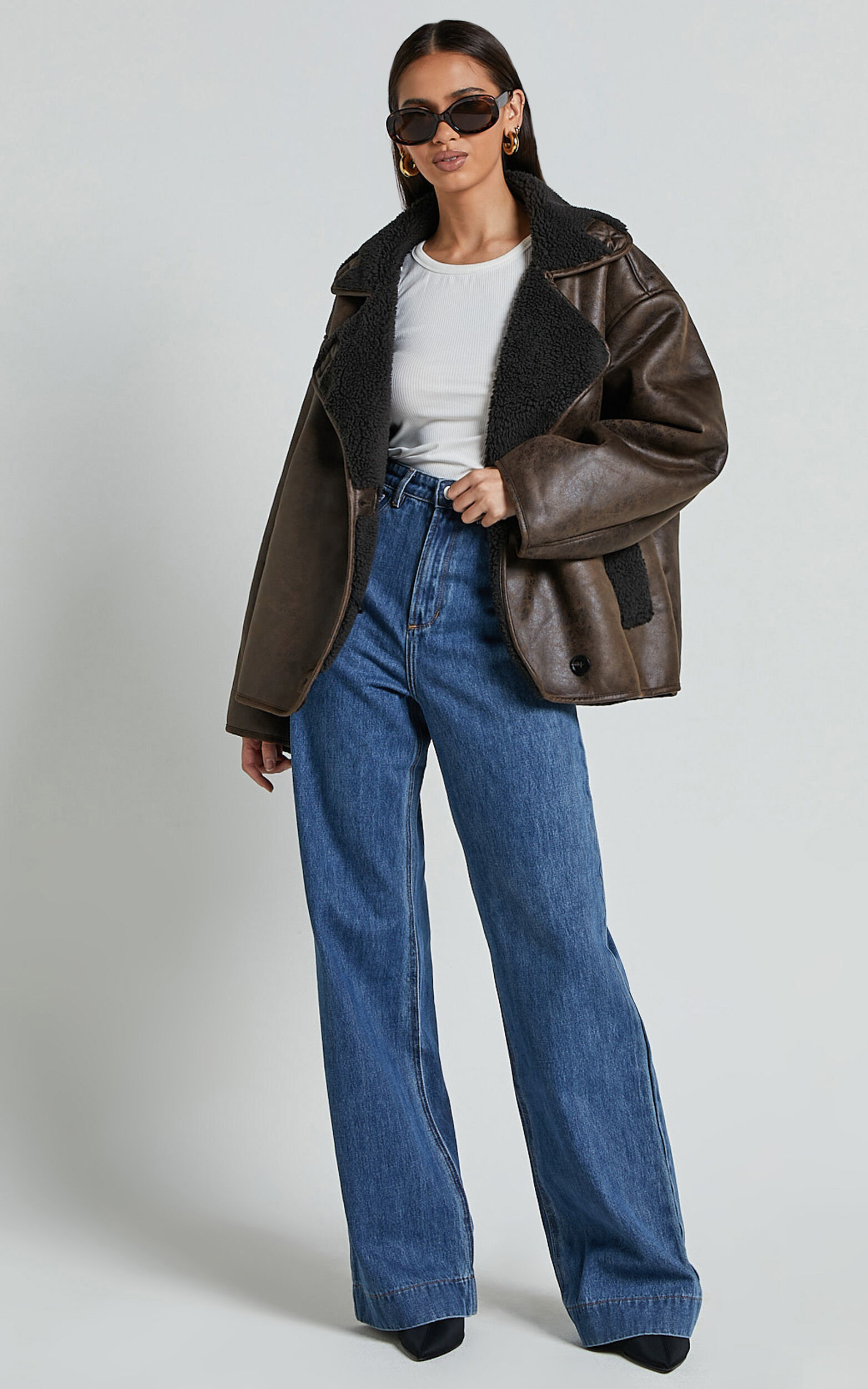 Matilda Jacket - PU Borg Collar Jacket in Brown - XS, BRN1