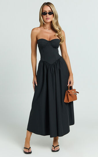 Daria Midi Dress - Strapless Corset Gathered Dress in Black