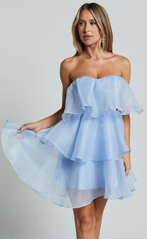 Ritta Mini Dress - Strapless Layered Dress in Soft Blue