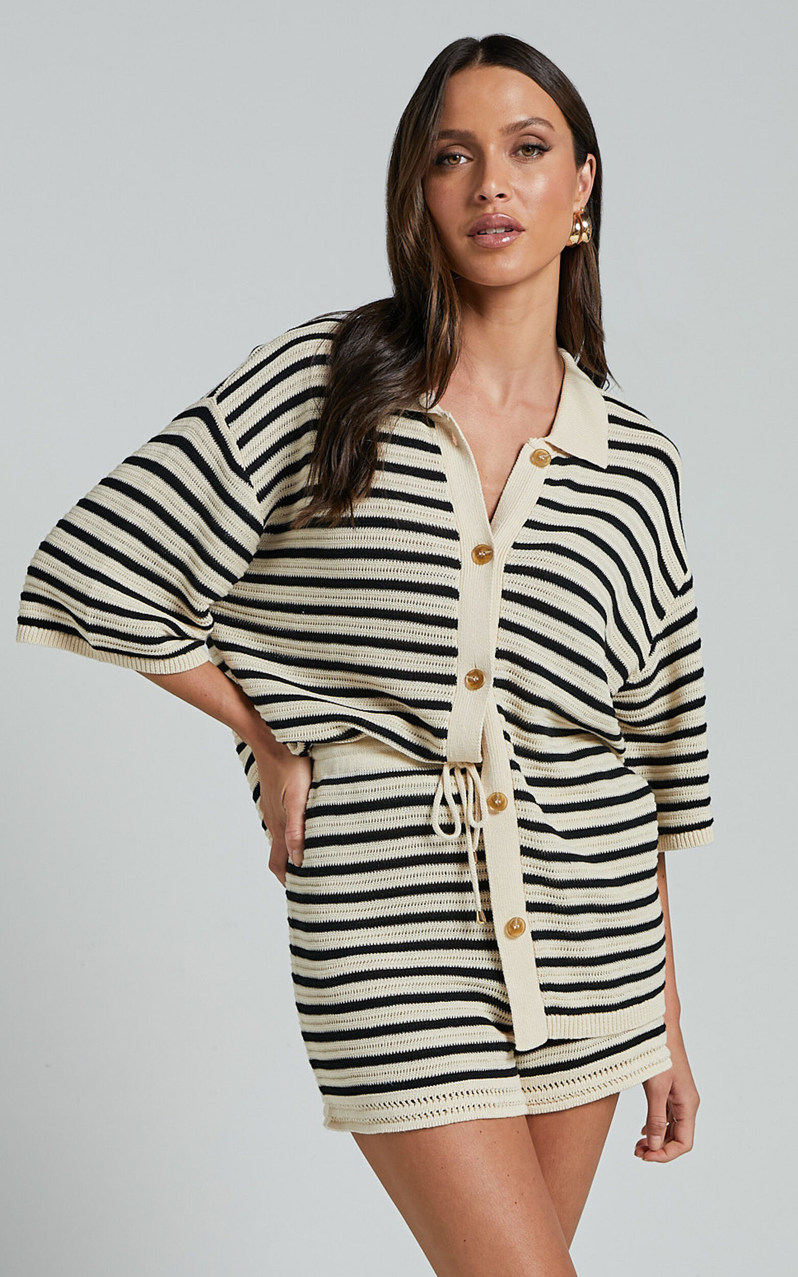 Runaway The Label - Cherie Knit Shirt in Sand/Black - L, BLK1