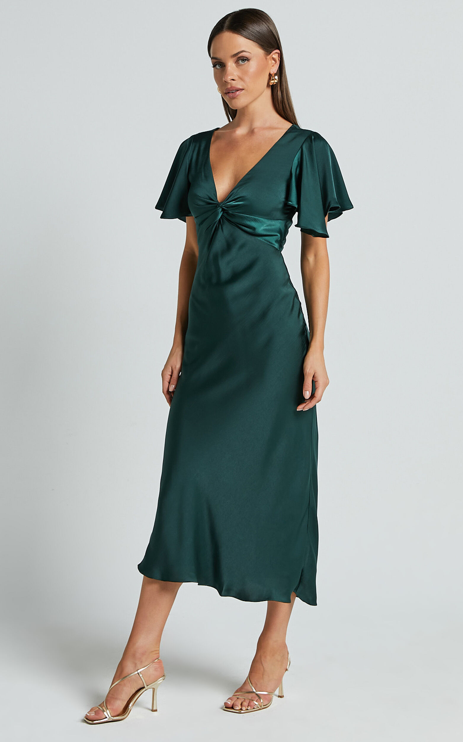Warehouse green satin 2025 twist knot midi dress