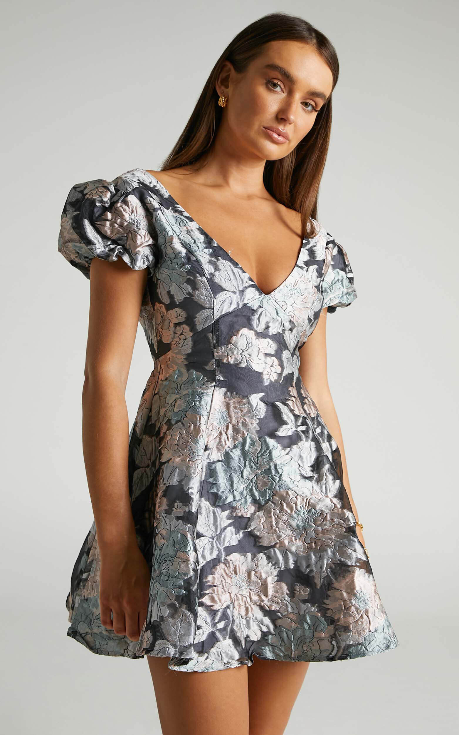 Brailey Jacquard Mini Dress - Puff Sleeve Dress in Sage - 06, GRN1