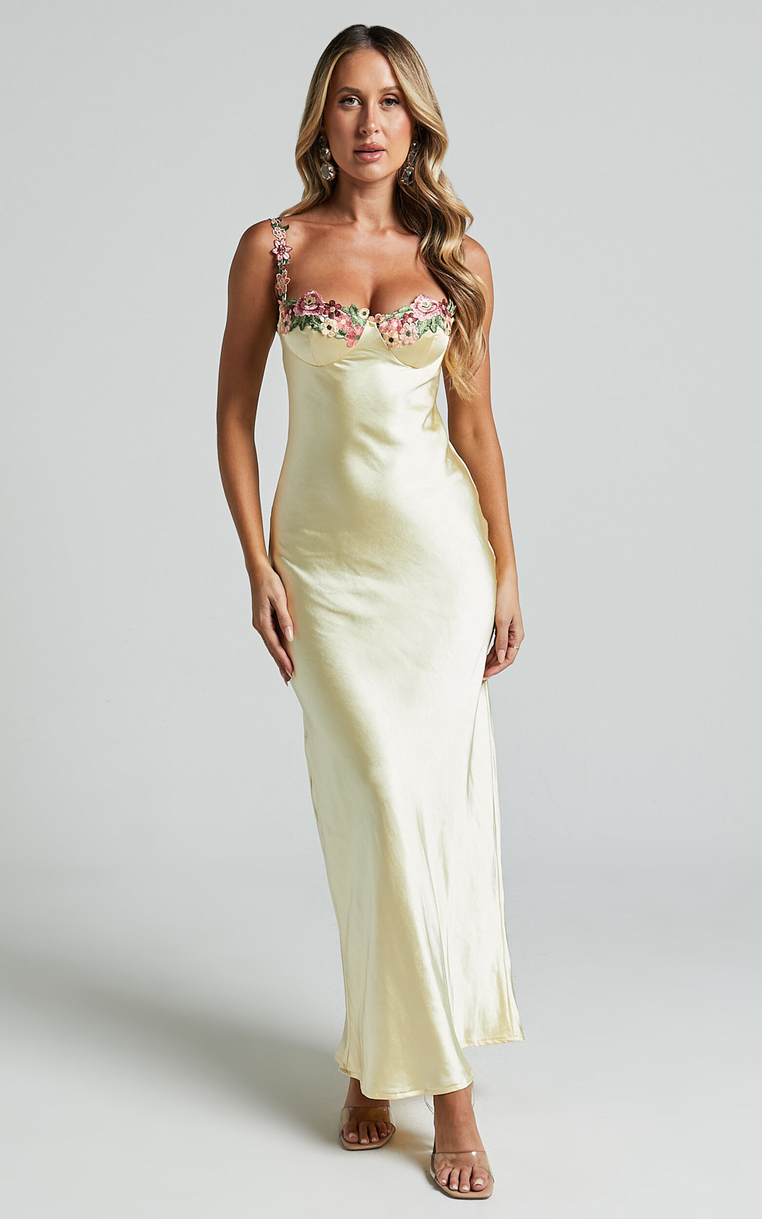 Harmony Midi Dress - Floral Detail Cup Bust Satin Dress in Lemon - 06, YEL2