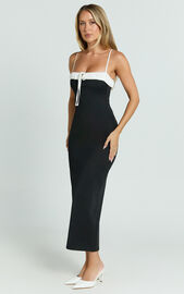 Sheffield Midi Dress - Contrast Tie Front Bodycon Dress in Black ...