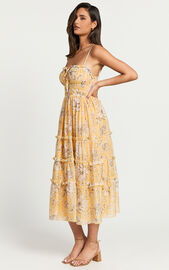 Fran Midi Dress - Ruched Tie Front Tiered Dress in Yellow Floral | Showpo