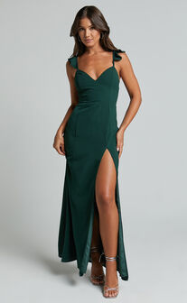 More Than This Midi Dress - Ruffle Strap Thigh Split Dress in Emerald